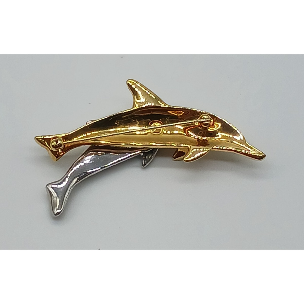 Vintage Swarovski Gold Tone Rhinestone Dolphin Brooch Figural Mother & Baby - Picture 3 of 3